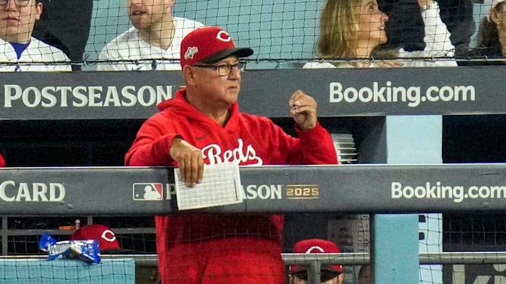 Cincinnati Reds manager Terry Francona looks on from the dugout in the seventh inning of the MLB National League Wild Card Game 1 between the Los Angeles Dodgers and the Cincinnati Reds at Dodger Stadium in Los Angeles on Tuesday, Sept. 30, 2025. The Dodgers won game 1 of the series, 10-5.