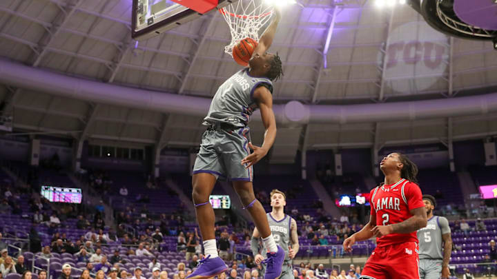 Jayden Pierre dunks the ball for TCU in a 78-65 win over Lamar on Monday, November 10, 2025.