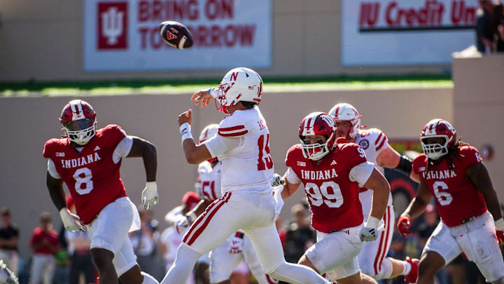 Nenbraska's Dylan Raiola (15) passes during the Indiana versus Nebraska football game in Bloomington on Saturday, Oct. 19, 2024.