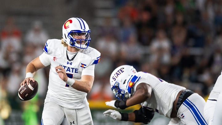 Colorado State's Jackson Brousseau scans the field for a pass against Washington State at Canvas Stadium in Fort Collins, Colo., on Sept. 27, 2025. Colorado State's Jackson Brousseau scans the field for a pass against Washington State at Canvas Stadium in Fort Collins, Colo., on Sept. 27, 2025.
