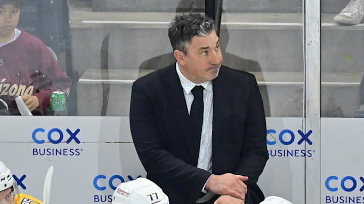 Mar 28, 2024; Tempe, Arizona, USA; Nashville Predators head coach Andrew Brunette looks on in the first period against the Arizona Coyotes at Mullett Arena. Mandatory Credit: Matt Kartozian-Imagn Images