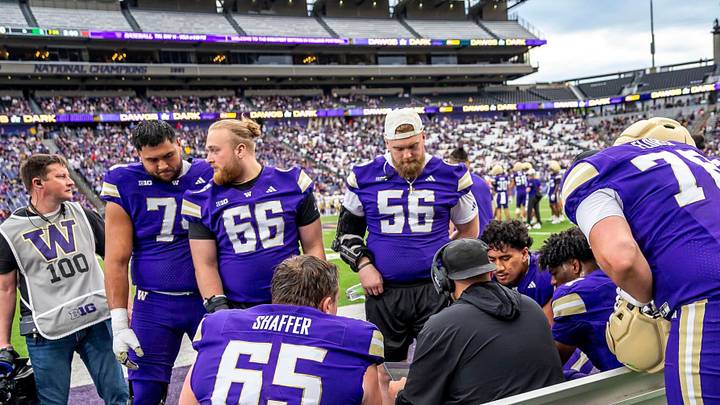 Geirean Hatchett (56) was injured in the Huskies' second spring practice. Geirean Hatchett (56) was injured in the Huskies' second spring practice.