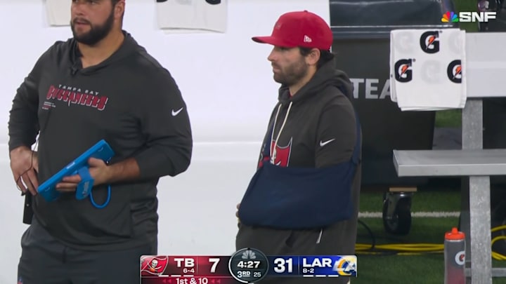 Baker Mayfield finished the Rams game in a sling.