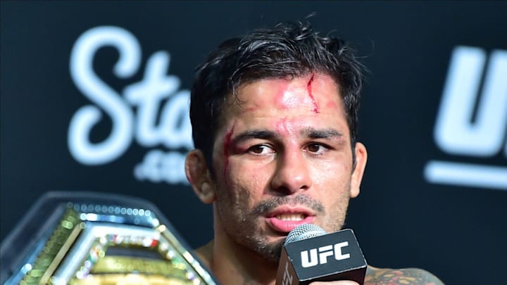 May 4, 2024; Rio de Janeiro, RJ, BRAZIL; (Editor’s Note: Graphic Content in Photo) Alexandre Pantoja during Press Conference during UFC 301 at Farmasi Arena . Mandatory Credit: Jason Silva-Imagn Images