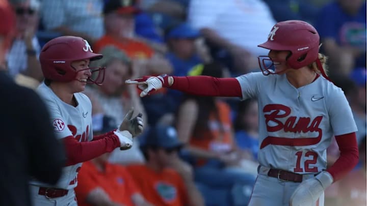 Alabama Softball Player Audrey Vandagriff (12) celebrates during the game against Florida at Katie Seashole Pressly Stadium in Gainesville, FL on Thursday, Apr 17, 2025.