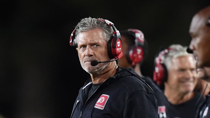 Utah Utes head coach Kyle Whittingham during fourth quarter against the Wyoming Cowboys at Jonah Field at War Memorial Stadium. Utah Utes head coach Kyle Whittingham during fourth quarter against the Wyoming Cowboys at Jonah Field at War Memorial Stadium.