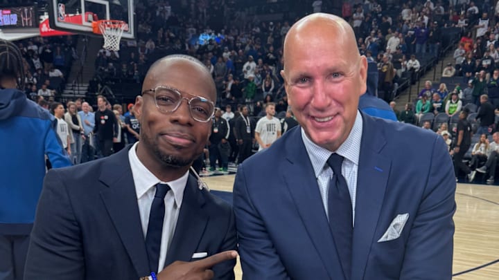 Timberwolves TV announcer Michael Grady and Jim Petersen. 