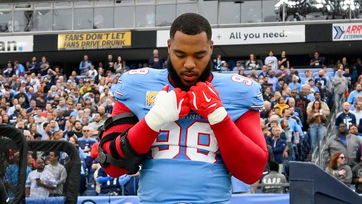 Oct 11, 2026; Nashville, Tennessee, USA;  Tennessee Titans defensive tackle Jeffery Simmons (98) stands during the National Anthem against the Houston Texans during the first half at Nissan Stadium. Mandatory Credit: Steve Roberts-Imagn Images