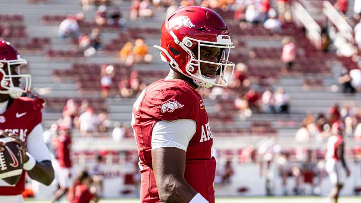 Arkansas Razorbacks quarterback KJ Jackson during warmups prior to the Tennessee game.