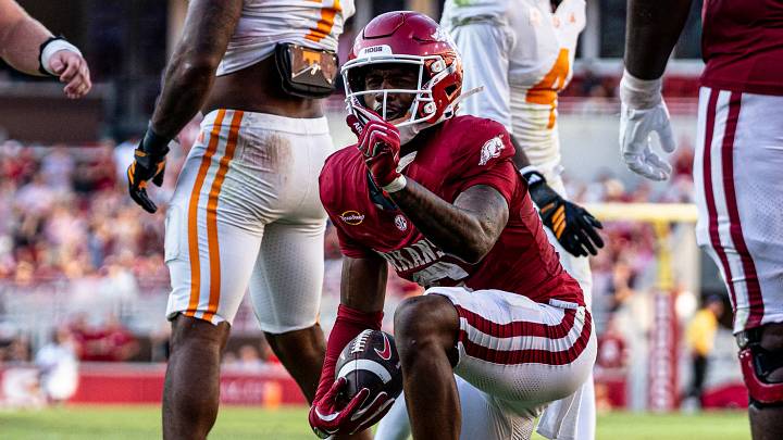 Arkansas Razorbacks wide receiver Chris Marshall celebrates after catch for a first down against Tennessee. Arkansas Razorbacks wide receiver Chris Marshall celebrates after catch for a first down against Tennessee.