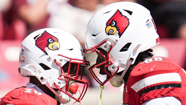 Louisville Cardinals tight end Jaleel Skinner (88) right, celebrates with Louisville Cardinals running back (26) Duke Watson after he scored a touchdown during the Cards' 51-17 win over Eastern Kentucky University at the Cardinals' season opener Saturday, August 30, 2025 at L&N Federal Credit Union Stadium in Louisville, Kentucky.