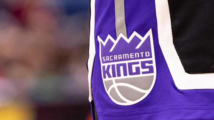 Dec 12, 2024; New Orleans, Louisiana, USA; Detailed view of the Sacramento Kings logo during the game against the New Orleans Pelicans in the first half at Smoothie King Center. Mandatory Credit: Stephen Lew-Imagn Images