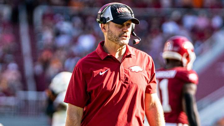 Arkansas Razorbacks coach Ryan Silverfield looks toward the field in the first half of a 24-17 loss to the Tennessee Volunteers at Razorback Stadium on Nov. 30, 2026. Arkansas Razorbacks coach Ryan Silverfield looks toward the field in the first half of a 24-17 loss to the Tennessee Volunteers at Razorback Stadium on Nov. 30, 2026.