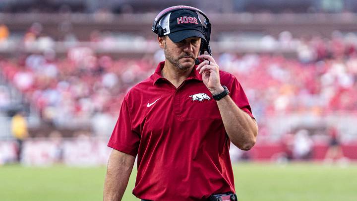 Arkansas Razorbacks coach Ryan Silverfield roams the sideline during the second half against Tennessee.