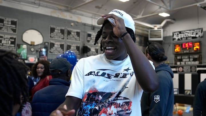 2025 four-star guard Kelvin Odih greets his supporters after he announces his commitment to West Virginia at Zuccolo Recreation Center on Wednesday evening.