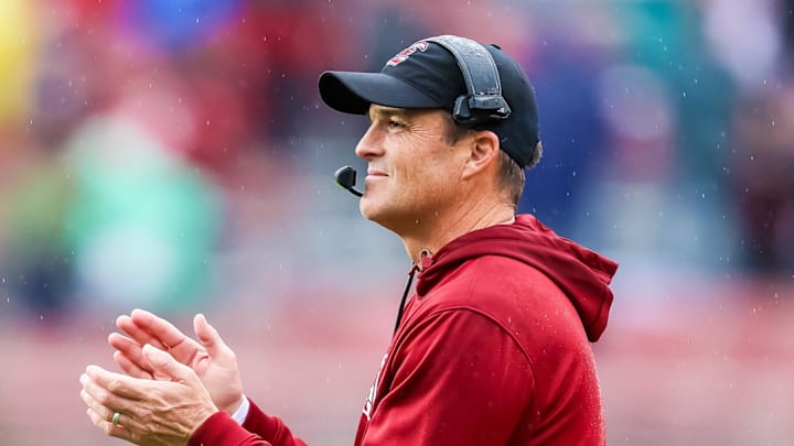 Nov 11, 2023; Columbia, South Carolina, USA; South Carolina Gamecocks head coach Shane Beamer celebrates after a play against the Vanderbilt Commodores in the second half at Williams-Brice Stadium. Mandatory Credit: Jeff Blake-USA TODAY Sports
