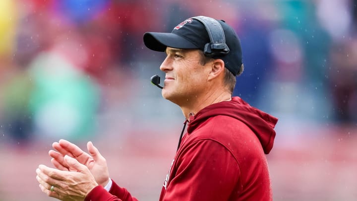 Nov 11, 2023; Columbia, South Carolina, USA; South Carolina Gamecocks head coach Shane Beamer celebrates after a play against the Vanderbilt Commodores in the second half at Williams-Brice Stadium. Mandatory Credit: Jeff Blake-USA TODAY Sports