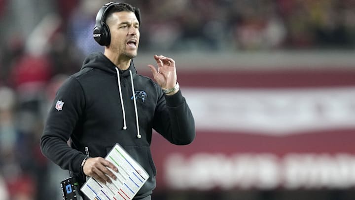 Nov 24, 2025; Santa Clara, California, USA; Carolina Panthers head coach Dave Canales during the first half at Levi's Stadium.