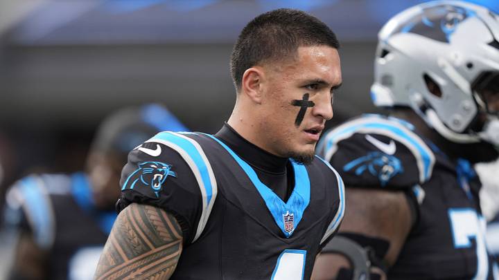 Jan 10, 2026; Charlotte, NC, USA; Carolina Panthers wide receiver Tetairoa McMillan (4) reacts in the first half during the NFC Wild Card Round game at Bank of America Stadium. Jan 10, 2026; Charlotte, NC, USA; Carolina Panthers wide receiver Tetairoa McMillan (4) reacts in the first half during the NFC Wild Card Round game at Bank of America Stadium.