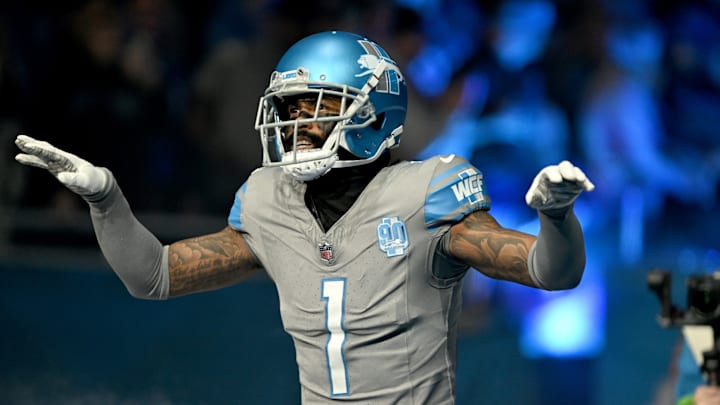 Jan 7, 2024; Detroit, Michigan, USA; Detroit Lions cornerback Cameron Sutton (1) imitates flying as he runs onto the field during player introductions before their game against the Minnesota Vikings at Ford Field. Mandatory Credit: Lon Horwedel-USA TODAY Sports Jan 7, 2024; Detroit, Michigan, USA; Detroit Lions cornerback Cameron Sutton (1) imitates flying as he runs onto the field during player introductions before their game against the Minnesota Vikings at Ford Field. Mandatory Credit: Lon Horwedel-USA TODAY Sports
