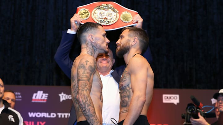 George Kambosos and Vasiliy Lomachenko face off before their IBF lightweight title fight.
