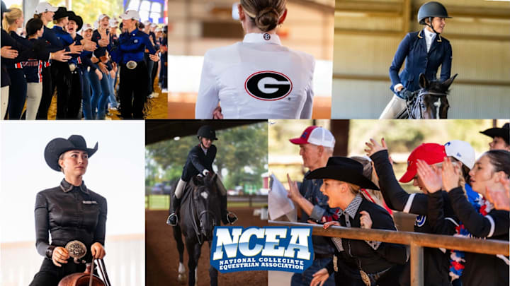 From top left, Auburn, Georgia, UC Davis, Oklahoma State, Lynchburg and SMU all have milestone moments ahead in the spring 2026 NCEA schedule. 