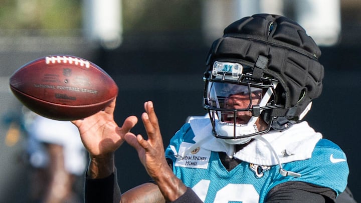 Jacksonville Jaguars wide receiver Travis Hunter (12) catches a pass during the Jaguars 14th NFL training camp session at Miller Electric Center Tuesday August 12, 2025 in Jacksonville, Fla. The Jaguars travel to New Orleans to play the Saints this Sunday in their second preseason game. [Doug Engle/Florida Times-Union]
