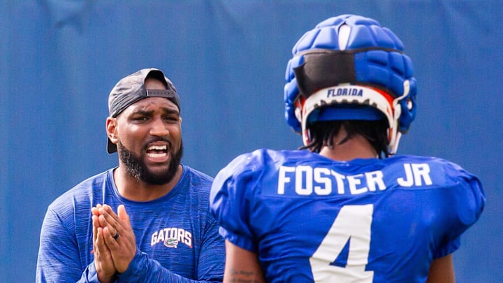 New Florida secondary coach Will Harris directs his defensive backs during the Florida Gators as they held their final open Spring football practice before the Orange and Blue Game at Sanders Practice Fields in Gainesville, FL on Tuesday, April 9, 2024. [Doug Engle/Gainesville Sun]