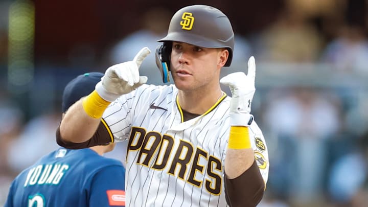 Apr 16, 2026; San Diego, California, USA; San Diego Padres designated hitter Gavin Sheets (30) celebrates after hitting a double during the second inning against the Seattle Mariners at Petco Park. Mandatory Credit: David Frerker-Imagn Images