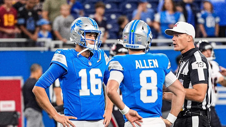 Detroit Lions quarterback Jared Goff (16) and quarterback Kyle Allen (8) talk to a referee ahead of the Houston Texans game at Ford Field in Detroit on Saturday, August 23, 2025.