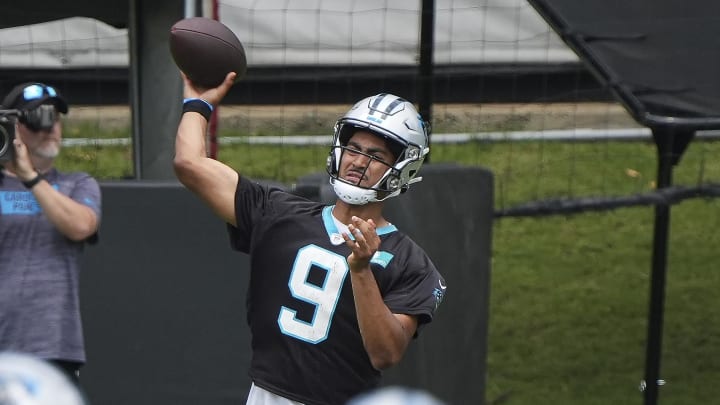 Jun 4, 2024; Charlotte, NC, USA; Carolina Panthers quarterback Bryce Young (9) throws during OTAs. Mandatory Credit: Jim Dedmon-USA TODAY Sports