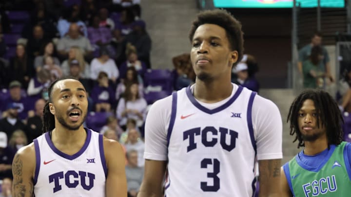Frankie Collins and Vasean Allette take the floor in TCU's win over Florida Gulf Coast University on November 8, 2024.