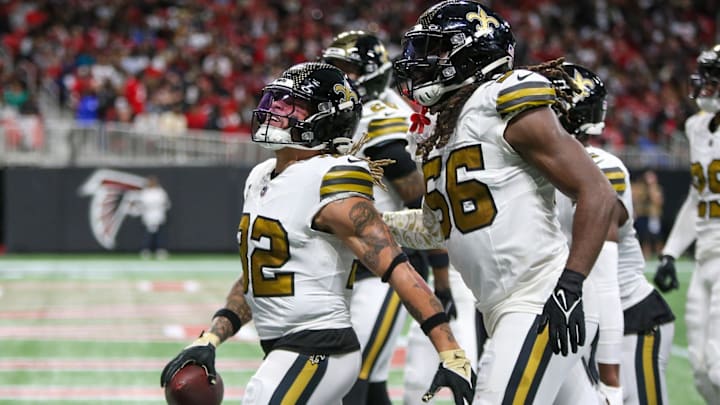 Nov 26, 2023; Atlanta, Georgia, USA; New Orleans Saints safety Tyrann Mathieu (32) celebrates with