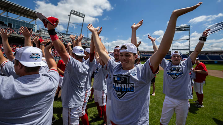 Nebraska baseball players do their "palms up" celebration after winning the Big Ten Conference Tournament Championship against Penn State on May 26, 2024. Nebraska baseball players do their "palms up" celebration after winning the Big Ten Conference Tournament Championship against Penn State on May 26, 2024.
