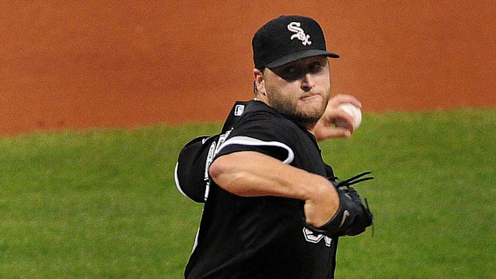 Chicago White Sox starting pitcher Mark Buehrle (56) during the first inning in the game against the Cleveland Indians at Progressive Field in 2011.