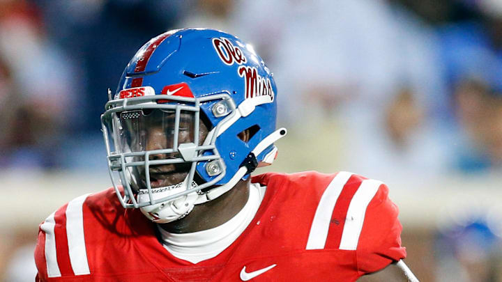 Oct 28, 2023; Oxford, Mississippi, USA; Mississippi Rebels defensive linemen JJ Pegues (89) runs the ball during the first half against the Vanderbilt Commodores at Vaught-Hemingway Stadium. Mandatory Credit: Petre Thomas-Imagn Images