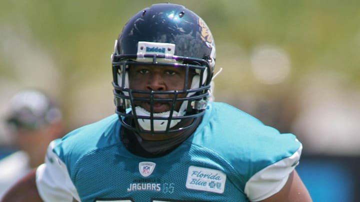 July 27, 2012; Jacksonville FL, USA; Jacksonville Jaguars guard/center Will Rackley (65) during the first afternoon of training camp practice at Florida Blue Health & Wellness Practice Fields. Mandatory Credit: Phil Sears-Imagn Images