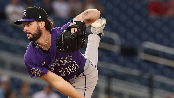 Aug 25, 2026; Washington, District of Columbia, USA; Colorado Rockies starting pitcher Mason Adams (38) pitches in his major league debut, against the Washington Nationals, during the fourth inning at Nationals Park. Mandatory Credit: Geoff Burke-Imagn Images