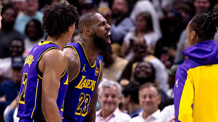 Nov 16, 2024; New Orleans, Louisiana, USA; Los Angeles Lakers forward LeBron James (23) reacts to making a three point basket against the New Orleans Pelicans during the second half at Smoothie King Center. Mandatory Credit: Stephen Lew-Imagn Images Nov 16, 2024; New Orleans, Louisiana, USA; Los Angeles Lakers forward LeBron James (23) reacts to making a three point basket against the New Orleans Pelicans during the second half at Smoothie King Center. Mandatory Credit: Stephen Lew-Imagn Images