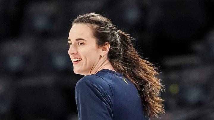 Indiana Fever guard Caitlin Clark (22) smiles Thursday, Oct. 1, 2026, during a practice ahead of Game 3 of the first round of the WNBA Playoffs at Michelob ULTRA Arena in Las Vegas.
