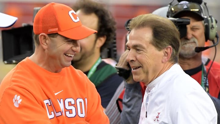 Jan 7, 2019; Santa Clara, CA, USA; Clemson Tigers head coach Dabo Swinney and Alabama Crimson Tide head coach Nick Saban