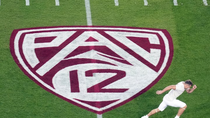  A view of the Pac-12 logo on the field.
