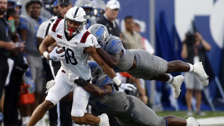 Sep 17, 2022; Memphis, Tennessee, USA; Arkansas State Red Wolves tight end Seydou Traore (18) runs