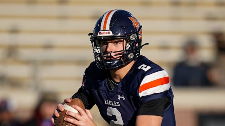 Nashville Christian's Jared Curtis (2) looks down field against Columbia Academy during the first quarter of the Division II-A championship game at Finley Stadium in Chattanooga, Tenn., Thursday, Dec. 5, 2024.
