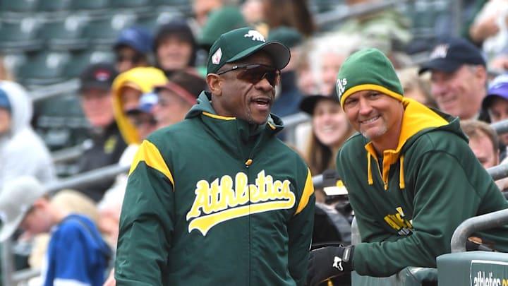 Feb 21, 2019; Mesa, AZ, USA; Oakland Athletics Hall of famer Ricky Henderson talks with fans during the spring training game against the Seattle Mariners at HoHoKam Stadium. Mandatory Credit: Jayne Kamin-Oncea-Imagn Images