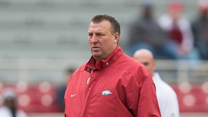 Nov 18, 2017; Fayetteville, AR, USA; Arkansas Razorbacks head coach Bret Bielema watches his team warmup before the game against the Mississippi State Bulldogs at Donald W. Reynolds Razorback Stadium. Mandatory Credit: Brett Rojo-Imagn Images Nov 18, 2017; Fayetteville, AR, USA; Arkansas Razorbacks head coach Bret Bielema watches his team warmup before the game against the Mississippi State Bulldogs at Donald W. Reynolds Razorback Stadium. Mandatory Credit: Brett Rojo-Imagn Images