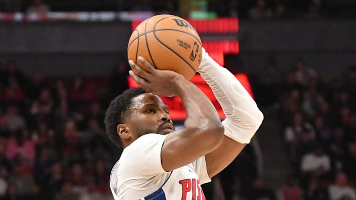 Apr 4, 2025; Toronto, Ontario, CAN;  Detroit Pistons guard Malik Beasley (5) shoots the ball against the Toronto Raptors in the first half at Scotiabank Arena. Mandatory Credit: Dan Hamilton-Imagn Images