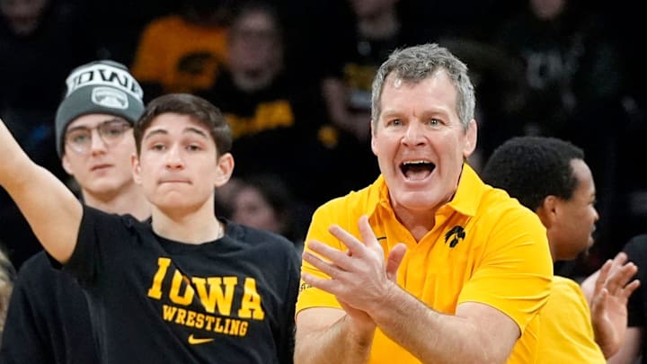 Iowa’s head coach Tom Brands reacts during a Big Ten conference dual against the Northwestern Wildcats Sunday, Feb. 16, 2025 at Carver-Hawkeye Arena in Iowa City, Iowa. Iowa’s head coach Tom Brands reacts during a Big Ten conference dual against the Northwestern Wildcats Sunday, Feb. 16, 2025 at Carver-Hawkeye Arena in Iowa City, Iowa.