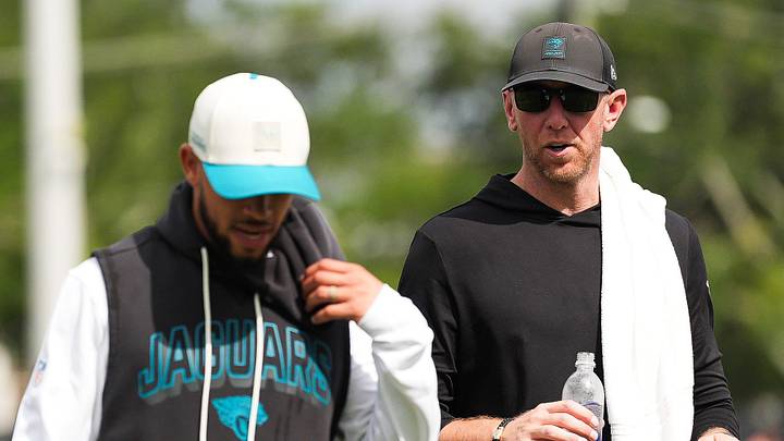 Jacksonville Jaguars Head Coach Liam Coen walks off the field after the fourth day of NFL Training Camp in shells at the Miller Electric Center on Sunday, August 2, 2026, in Jacksonville, Fla.  [Doug Engle/Florida Times-Union]