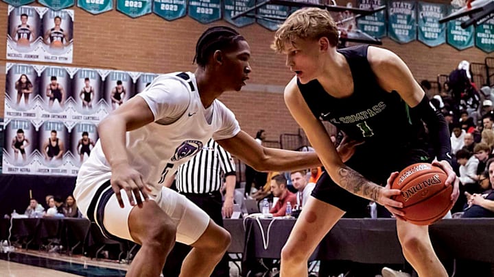 Arizona Compass Prep forward Miikka Muurinen (1) against CIA Bella Vista (AZ) guard Austin Goode (5) during the Hoophall West High School Invitational at Highland High School.